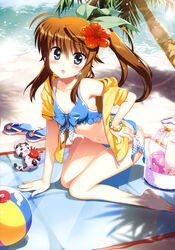  :3 :o absurdres ahoge animal aqua_eyes armpits ass bag ball barefoot beach beach_towel beachball bikini black_eyes blue_bikini blue_footwear blue_polka_dots blush bracelet breasts brown_hair cleavage collarbone crab creature day diagonal-striped_towel diagonal_stripes female flower frilled_bikini frills front-tie_bikini_top front-tie_top fujima_takuya fuka_reventon fur green_ribbons hair_between_eyes hair_flower hair_ornament hair_ribbon hand_on_floor hand_on_own_hip highres holding holding_animal huracan_(vivid_strike!) jacket jewelry kneeling knees_together_feet_apart lens_flare long_hair looking_at_viewer lyrical_nanoha navel oerba_yun_fang off_shoulder official_art open_clothes open_jacket open_mouth outdoors palm_tree polka_dot polka_dot_bikini ponytail red_flower ribbon sand sandals scan shiny_skin shore side-tie_bikini_bottom skindentation small_breasts smile striped striped_towel stuffed_animal stuffed_toy swimsuit towel tree unworn_sandals vivid_strike! water white_bikini white_polka_dots yellow_jacket 