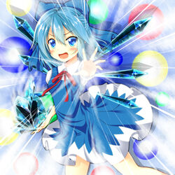  bad_id bad_pixiv_id blue_eyes blue_hair blush bow cirno danmaku female hairbow highres ice ice_wings mayuzumi_makiha open_hand solo touhou wings 