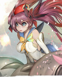  bad_artstation_id bad_id blue_eyes blue_sailor_collar blue_skirt bow breasts brooch closed_mouth elbow_gloves eyelashes female gloves gradient_hair hair_between_eyes hairbow headdress headgear highres jewelry lace lace-trimmed_skirt lace_trim large_breasts lips long_hair multicolored_hair mushihime-sama mushihime-sama_futari petals pink_lips purple_hair randy_(awesomevillage) reco red_bow sailor_collar skirt solo twintails upper_body white_gloves wing_brooch yellow_bow 