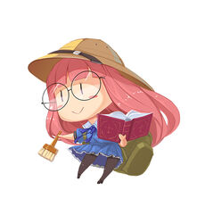  backpack bag black_footwear blue_dress blush_stickers book brush chibi commentary_request dress female glasses hat high_heels holding holding_book long_hair mahan_(pacific) pacific_(kancolle) pantyhose photoshop_(medium) pink_hair purple_eyes shoes sima_naoteng solo 