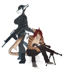  2014 anthro big_breasts black_hair blue_eyes breasts clothing countershading duo ear_piercing female fish gun hair hi_res holding_gun holding_object holding_ranged_weapon holding_weapon huge_breasts long_hair looking_at_viewer male marine muscular nipple_piercing nipples non-mammal_breasts nude pecs piercing piranhapettingzoo ranged_weapon red_hair riptide_(riptideshark) rule_63 shark smile stripes syrena_(riptideshark) tail tattoo teeth trigger_discipline weapon 