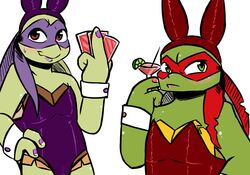  2017 anthro bandana beverage blush bodily_fluids bunny_costume card clothed clothing cocktail_glass colored_nails container costume crossdressing cup digital_media_(artwork) donatello_(tmnt) drinking_glass duo fake_ears fake_rabbit_ears femboy food fruit glass glass_container glass_cup green_eyes hand_on_hip holding_object inkyfrog kerchief lime lipstick looking_at_viewer makeup male mask nails notched_shell plant playing_card purple_lipstick purple_nails raphael_(tmnt) red_eyes red_lipstick red_nails reptile scalie shell shirt_cuffs simple_background sweat sweatdrop teenage_mutant_ninja_turtles turtle white_background 