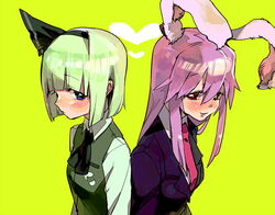  2girls alternate_hair_color animal_ears ascot back-to-back black_ascot black_hairband blazer blunt_bangs blush closed_mouth collared_shirt commentary_request green_background green_hair green_vest hair_between_eyes hairband jacket konpaku_youmu long_hair mafuyu_hemp multiple_girls necktie pink_necktie purple_eyes purple_hair purple_jacket rabbit_ears red_eyes reisen_udongein_inaba shirt short_hair sidelocks smile straight_hair touhou upper_body vest white_shirt 