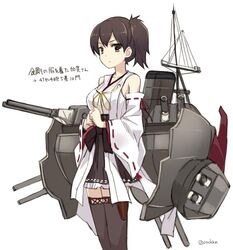  amagai_tarou brown_hair commentary_request cosplay detached_sleeves female japanese_clothes kaga_(battleship) kaga_(battleship)_(kancolle) kaga_(kancolle) kantai_collection kongou_(kancolle) kongou_(kancolle)_(cosplay) nontraditional_miko short_hair side_ponytail solo thighhighs translated twitter_username white_background 