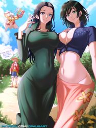  2024 2boys 2girls adult_female belly big_breasts black_hair blue_eyes cleavage clothed clothes_swap clothing color cosplay day daytime dress female fubuki_(one-punch_man) fubuki_(one-punch_man)_(cosplay) green_eyes green_hair hi_res inner_sideboob jewelry large_breasts light-skinned_female light_skin long_hair looking_at_viewer male male/female monkey_d_luffy monkey_d_luffy_(cosplay) necklace nico_robin nico_robin_(cosplay) one-punch_man one_piece opalisart outside patreon patreon_username saitama saitama_(cosplay) short_hair shounen_jump tagme thick_thighs 