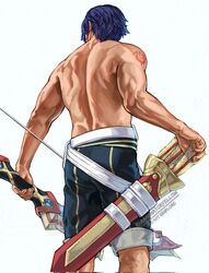  1boy amazingartistyellow back_muscles blue_hair chrom_(crowned_exalt)_(fire_emblem) chrom_(fire_emblem) fire_emblem fire_emblem_awakening male male_only muscular_male solo tattoo 