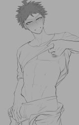  1boy absurdres ahoge blush clothes_lift collarbone cowboy_shot danganronpa_(series) danganronpa_2:_goodbye_despair greyscale grin highres hinata_hajime magayser male_underwear monochrome navel nipples open_pants pants shirt_lift short_hair short_sleeves simple_background smile solo spiked_hair teeth underwear undressing 