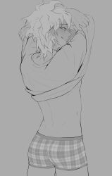  1boy absurdres arms_up ass blush clothes_lift cowboy_shot danganronpa_(series) danganronpa_2:_goodbye_despair from_behind greyscale grin half-closed_eyes highres komaeda_nagito magayser male_underwear messy_hair monochrome plaid_clothes plaid_male_underwear shirt_lift simple_background smile solo teeth underwear undressing 