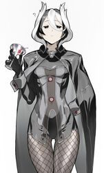  ? black_and_white_hair black_eyes black_gloves bored cape female female_only fishnet_legwear fishnets fully_clothed gloves hair_between_eyes half-closed_eyes leotard made_in_abyss mature mature_female ozen pale-skinned_female pale_skin short_hair slim small_breasts solo soosaresu thigh_gap two_tone_hair wine_glass 