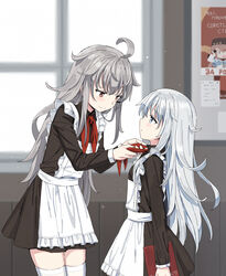  2girls adjusting_clothes ahoge alternate_costume apron arms_at_sides bad_id bad_pixiv_id black_dress blue_eyes blush cnm colored_eyelashes dress dressing_another gangut_(kancolle) grey_hair hair_between_eyes height_difference hibiki_(kancolle) highres indoors jitome kantai_collection leaning_forward long_hair looking_at_another multiple_girls neckerchief pioneer_neckerchief poster_(object) red_eyes school_uniform smile soviet soviet_school_uniform sunlight tashkent_(kancolle) thighhighs verniy_(kancolle) white_thighhighs window wooden_wall zettai_ryouiki 