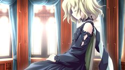  black_dress blonde_hair chair choker closed_eyes curtains dress efa female fue_(tsuzuku) game_cg highres katahane short_hair sitting solo window 