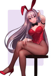  animal_ears armpits bad_id bad_pixiv_id black_bow black_bowtie bow bowtie breasts brown_pantyhose cleavage crossed_legs detached_collar female green_eyes grey_hair high_heels large_breasts leotard long_hair micat pantyhose photoshop_(medium) playboy_bunny pumps rabbit_ears red_footwear red_leotard sdorica shirley_(sdorica) sitting solo stool strapless strapless_leotard wrist_cuffs 