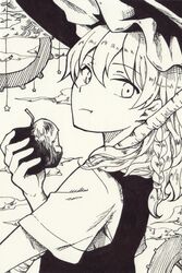  akizuki_maku apple braid closed_mouth commentary_request eating female food from_side fruit greyscale hair_between_eyes hat holding holding_food holding_fruit kirisame_marisa looking_at_viewer monochrome photoshop_(medium) short_sleeves side_braid single_braid solo star_(symbol) touhou upper_body witch_hat 