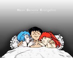  1boy 2girls after_sex ayanami_rei bed black_hair blanket blue_hair blush breasts closed_eyes closed_mouth copyright_name english_text facing_viewer ffm_threesome good_end gradient_background grey_background group_sex hair_between_eyes hand_on_another&#039;s_chest hand_on_another&#039;s_shoulder ikari_shinji isutoshi long_hair lying medium_breasts multiple_girls neon_genesis_evangelion on_back on_side open_mouth orange_hair pillow red_hair short_hair sideboob smile smirk source_request souryuu_asuka_langley straight third-party_edit threesome upper_body 