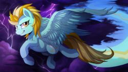  blonde_hair blue_body blue_feathers blue_fur cutie_mark detailed_background electricity equid equine feathered_wings feathers female feral flying friendship_is_magic fur hair hasbro hioshiru hooves lightning lightning_dust_(mlp) looking_at_viewer mammal multicolored_hair my_little_pony mythological_creature mythological_equine mythology orange_eyes pegasus smile solo storm_clouds two_tone_hair wings 