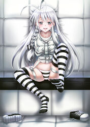  :d ahoge arkfield blush bound bound_arms braid commentary commission english_commentary female grey_eyes hair_ribbon highres huge_ahoge long_hair looking_at_viewer open_mouth original padded_walls panties ribbon shoes sitting smile solo straitjacket striped_clothes striped_panties striped_thighhighs thighhighs underwear unworn_shoes white_hair 