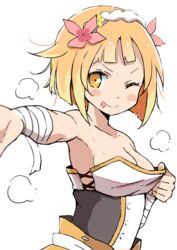  ;) blonde_hair blush_stickers breasts cleavage commentary_request endro! fai_fai female flower hair_flower hair_ornament hairband one_eye_closed short_hair shougakusei smile solo strapless sweat tongue tongue_out v-shaped_eyebrows white_background yellow_eyes 