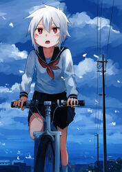  bicycle black_skirt blue_sky character_request chestnut_mouth cloud cloudy_sky commentary_request day female grey_hair hair_between_eyes highres inami_hatoko open_mouth original outdoors pleated_skirt power_lines red_eyes riding short_hair skirt sky socks solo utility_pole white_socks 