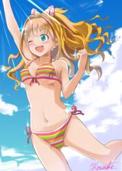  arm_up armpits ass_visible_through_thighs bad_id bad_pixiv_id beamed_eighth_notes bikini blonde_hair blush bow breasts cloud day female front-tie_top green_eyes hairbow highres hino_akane_(idolmaster) idolmaster idolmaster_cinderella_girls light_rays long_hair medium_breasts musical_note musical_note_print navel one_eye_closed open_mouth polka_dot ponytail side-tie_bikini_bottom sky smile solo sparkle strap_gap striped_bikini striped_clothes sunbeam sunlight swimsuit underboob yanagita_kousuke 