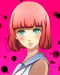  1boy androgynous bangs blush bob_cut catherine:_full_body catherine_(game) dress eyebrows green_eyes pink_hair rin_(catherine) short_hair solo trap 