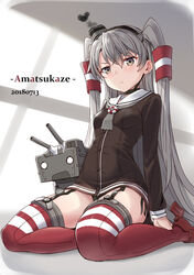  amatsukaze_(kancolle) bad_id bad_pixiv_id black_panties blush brown_dress brown_eyes cnm dress female full_body garter_straps gloves grey_hair hair_between_eyes hair_tubes hat heart highres kantai_collection long_hair looking_at_viewer mini_hat panties red_thighhighs rensouhou-kun sailor_dress short_dress single_glove sitting smoke smoke_heart solo striped_clothes striped_thighhighs thighhighs thighs tilted_headwear tsundere two_side_up underwear 