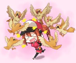  &gt;_&lt; arm_up attack baseball_cap beak belt bird black_gloves blush breasts chibi closed_eyes commentary_request covering_head cropped_jacket female female_protagonist_(pokemon_go) fingerless_gloves flying full_body gloves hana_azuki hands_on_own_head hat medium_breasts milestone_celebration open_mouth pidgey pink_background pokemon pokemon_(creature) pokemon_go ponytail running simple_background talons wince 