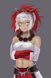  bandages chest_sarashi commentary_request crossed_arms dark-skinned_female dark_skin facial_mark female fire_emblem fire_emblem_fates fur_trim grey_background hino_michi jewelry mask mask_on_head midriff multicolored_eyes muscular muscular_female navel necklace orange_eyes red_eyes rinkah_(fire_emblem) sarashi simple_background solo white_hair 