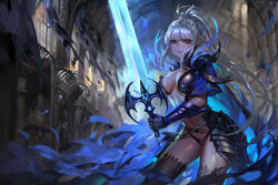  absurdres armor breasts chinese_commentary cleavage commentary_request female highres holding holding_weapon kirbyheimi large_breasts long_hair looking_at_viewer navel outdoors photoshop_(medium) pixiv_fantasia pixiv_fantasia_revenge_of_the_darkness pointy_ears ponytail red_eyes scenery solo weapon white_hair 