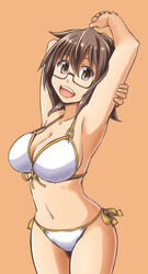  :d absurdres alto-00 armpits arms_up aussa_(yu-gi-oh!) aussa_the_earth_charmer bikini breasts brown_eyes brown_hair commentary_request cowboy_shot duel_monster female front-tie_bikini_top front-tie_top glasses highres large_breasts looking_at_viewer navel open_mouth photoshop_(medium) short_hair side-tie_bikini_bottom smile solo stretching swimsuit white_bikini yu-gi-oh! 