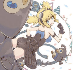  :d ahoge ass bare_shoulders bird black_gloves blonde_hair blue_eyes breasts commentary_request covered_nipples electric_plug female gloves goggles goggles_on_head granblue_fantasy hand_on_own_hip head_back leotard llg.hakua looking_at_viewer looking_back mecha medium_breasts oerba_yun_fang open_mouth pantylines penguin pengy_(granblue_fantasy) photoshop_(medium) robot short_hair short_twintails smile strapless strapless_leotard twintails 