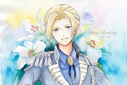  1boy bad_id bad_pixiv_id blonde_hair blue_eyes boyfriend_(kari) commentary_request dated epaulettes flower happy_birthday lily_(flower) looking_at_viewer male_focus painting_(medium) photoshop_(medium) sakano_machi smile solo traditional_media upper_body watercolor_(medium) 