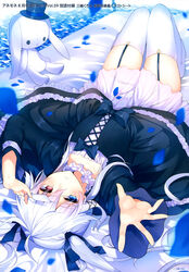  :x absurdres artist_name black_bow black_dress black_garter_straps black_hat black_ribbon blue_eyes blue_flower blush bow ciel_sacred dress dress_bow e_2 eyepatch eyepatch_pull eyes_visible_through_hair female flower frilled_dress frills garter_straps hair_between_eyes hair_ornament hair_ribbon half-closed_eyes hat heterochromia highres knees_together_feet_apart knees_up layered_dress looking_at_viewer lying magazine_scan medical_eyepatch mishima_kurone no_shoes official_art on_back original outstretched_hand parted_lips petals red_eyes ribbon scan shirokami_project skindentation solo stuffed_animal stuffed_rabbit stuffed_toy teeth thigh_gap thighhighs twintails watermark white_dress white_hair x_hair_ornament zettai_ryouiki 