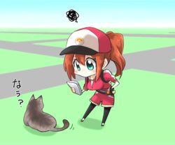  animal baseball_cap belt brown_hair cellphone chibi commentary_request cropped_jacket feline female female_protagonist_(pokemon_go) full_body green_eyes hana_azuki hand_on_own_hip hat holding holding_phone leggings looking_down phone poke_ball pokemon pokemon_go ponytail smartphone squiggle standing 