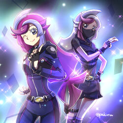  alternate_hair_color backlighting belt bessho_emma black_gloves bodysuit breasts buckle card closed_mouth collar commentary_request covering_own_mouth cowboy_shot dual_persona female fingerless_gloves ghost_girl_(yu-gi-oh!_vrains) gloves grey_eyes hair_tie hand_on_own_hip index_finger_raised light_purple_hair lips long_hair looking_at_viewer low-tied_long_hair mask medium_breasts mouth_mask multicolored_hair one_eye_closed over-kneehighs pink_hair pochi_(furaigonn) purple_bodysuit purple_thighhighs short_sleeves solo sparkle standing streaked_hair swept_bangs tareme thigh_gap thighhighs twitter_username very_long_hair yu-gi-oh! yu-gi-oh!_vrains 