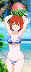  ae-3803 ahoge arms_over_head ball bare_legs beach beachball bikini blush bracelet breasts cleavage female food fruit hataraku_saibou highres jewelry looking_at_viewer medium_breasts red_hair ribbon short_hair striped striped_bikini swimsuit watermelon white_ribbon yellow_eyes 