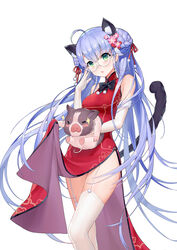  2019 absurdres adjusting_eyewear ahoge animal animal_ears bare_arms bare_shoulders blue_hair blush boar braid braided_bun breasts carrying cat_ears cat_girl cat_tail china_dress chinese_clothes chinese_commentary chinese_zodiac commentary_request double_bun dress elbow_gloves female flower garter_straps glasses gloves green_eyes hair_bun hair_flower hair_ornament hair_ribbon hand_on_eyewear head_tilt highres lifting_another&#039;s_clothes long_hair looking_at_viewer medium_breasts mo_xiaoxue new_year original parted_lips pelvic_curtain pig pink_flower red_dress red_ribbon ribbon semi-rimless_eyewear side_slit sidelocks simple_background sleeveless sleeveless_dress solo standing tail thighhighs thighs under-rim_eyewear v-shaped_eyebrows very_long_hair white-framed_eyewear white_background white_thighhighs year_of_the_pig 