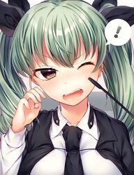  ! anchovy_(girls_und_panzer) anzio_school_uniform black_ribbon blush brown_eyes commentary_request female girls_und_panzer green_hair hair_ribbon highres long_hair ntk_(7t5) one_eye_closed open_mouth ribbon school_uniform solo speech_bubble spoken_exclamation_mark twintails wince 