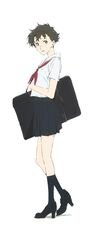  black_hair brown_eyes concept_art female freckles full_body high_heels koe_no_katachi nishiya_futoshi official_art sahara_miyoko school_uniform serafuku short_hair short_sleeves simple_background solo white_background 