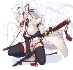  animal_ears arm_belt bare_shoulders black_thighhighs breasts collar commentary_request female fox_ears fox_tail gloves hair_ribbon japanese_clothes katana kneeling large_breasts long_hair original ponytail ribbon sakura_inu serious short_sword solo sword tail tantou tassel thighhighs weapon white_hair yellow_eyes 