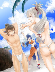  3boys abs ass back beach blue_eyes blue_hair brown_eyes brown_hair cloud commentary_request day female fire_emblem fire_emblem_fates flower fundoshi grey_hair hinata_(fire_emblem) hino_michi japanese_clothes long_hair midriff multiple_boys navel oboro_(fire_emblem) open_mouth outdoors ponytail red_eyes rock rokushaku_fundoshi ryoma_(fire_emblem) sandals scarf sky takumi_(fire_emblem) teeth topless_male water 