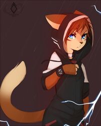  2014 anthro avoid_posting blue_eyes brown_hair clothed clothing collar domestic_cat electricity felid feline felis female furgonomics hair hoodie jacket lightning looking_at_viewer mammal outside raining short_hair solo standing topwear wristband yuurikin 