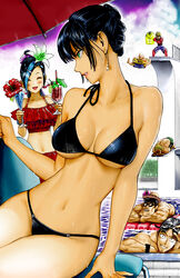  2girls 4boys :d arm_support bald bare_arms bare_legs bare_shoulders bikini black_bikini black_hair black_sclera blonde_hair blue_hair blush bracelet breasts closed_eyes cloud cloudy_sky colored_sclera colorized commentary day derivative_work drink earrings facing_viewer flower frilled_bikini frills fubuki_(one-punch_man) genos goggles goggles_on_head green_eyes grin hair_flower hair_ornament hat highres jewelry jumping king_(one-punch_man) large_breasts life_vest lipstick long_hair lying makeup matsuge_(one-punch_man) midriff multicolored_hair multiple_boys multiple_girls murata_yuusuke muscular narrow_waist navel official_art on_side one-punch_man open_mouth outdoors parasol parted_lips photoshop_(medium) pool profile saitama_(one-punch_man) sansetsukon_no_lily shorts sitting sky smile spread_legs straw_hat streaked_hair sunglasses swimsuit the_golden_smurf tied_hair umbrella underboob water yamazaru_(one-punch_man) 