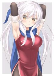  adjusting_hair armpits arms_up bare_shoulders black_gloves black_pantyhose blue_scarf blush breasts commentary_request dress elbow_gloves female fire_emblem fire_emblem:_radiant_dawn gloves grey_background hair_ribbon half_updo highres long_hair medium_breasts micaiah_(fire_emblem) pantyhose ribbon scarf shiyo_yoyoyo side_slit simple_background sleeveless sleeveless_dress smile solo white_hair yellow_eyes 