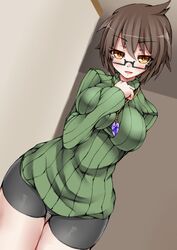  aussa_(yu-gi-oh!) aussa_the_earth_charmer bike_shorts blush breasts brown_eyes brown_hair commentary_request deep_skin duel_monster dutch_angle female glasses green_sweater hand_on_own_chest highres jewelry kiramashi_(satsujinki) large_breasts looking_at_viewer necklace ribbed_sweater seductive_smile semi-rimless_eyewear short_hair smile solo sweater thigh_gap turtleneck turtleneck_sweater under-rim_eyewear yu-gi-oh! 