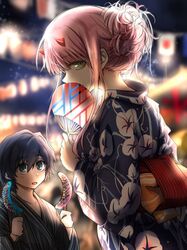  1boy alternate_costume banana black_hair blue_eyes blurry blurry_background breasts commentary_request couple darling_in_the_franxx female festival flag floral_print food fruit green_eyes grey_kimono hand_fan herozu_(xxhrd) hiro_(darling_in_the_franxx) holding holding_fan holding_food horns japanese_clothes kimono lantern lantern_festival long_hair looking_at_another medium_breasts night night_sky obi oni_horns paper_lantern pink_hair purple_kimono red_horns sash sky sky_lantern star_(sky) star_(symbol) starry_sky straight striped_clothes striped_kimono wide_sleeves yukata zero_two_(darling_in_the_franxx) 