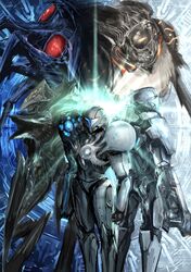  1boy armor assault_visor blue_visor commentary_request dark_samus dennou_manjuu female galactic_federation_trooper gun highres ing_(metroid) light light_suit_(metroid) looking_at_viewer looking_away luminoth metroid metroid_prime_2:_echoes pose power_armor samus_aran space_pirate_(metroid) weapon white_visor 