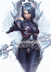  alternate_costume alternate_eye_color alternate_hair_color alternate_hair_length alternate_hairstyle armor artist_name bangs banned_artist blue_bodysuit blue_hair bodysuit breastplate breasts closed_mouth covered_collarbone cowboy_shot crotch_plate faulds flipped_hair floating floating_object foreshortening frostblade_irelia gloves grey_eyes hairpods headgear ice irelia league_of_legends looking_at_viewer medium_breasts medium_hair outstretched_arm parted_bangs pauldrons realistic serious skin_tight solo sparkle standing swept_bangs thighs transparent turtleneck vambraces walking watermark weapon web_address yinan_cui 