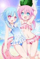  2girls :d bare_shoulders beach bikini blue_eyes blue_hair blush casual_one-piece_swimsuit commentary_request day food fruit innertube kagerou_(kers) long_hair looking_at_viewer multiple_girls navel neptune_(series) ocean one-piece_swimsuit open_mouth pink_eyes pink_hair power_symbol power_symbol-shaped_pupils smile swim_ring swimsuit symbol-shaped_pupils watermelon white_sister_ram white_sister_rom 