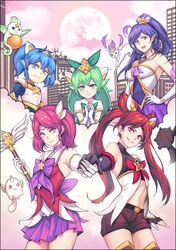  5girls armor bare_shoulders blue_eyes blue_hair breasts building cal_(pmgdd) city commentary_request drill_hair drill_sidelocks elbow_gloves familiar fingerless_gloves flat_chest forehead_jewel full_moon gloves green_eyes green_hair hair_ornament hand_on_own_hip highres holding_hands janna_(league_of_legends) jinx_(league_of_legends) large_breasts league_of_legends long_hair looking_at_viewer lulu_(league_of_legends) lux_(league_of_legends) magical_girl moon multiple_girls navel oerba_yun_fang photoshop_(medium) pink_sky pleated_skirt pointy_ears poppy_(league_of_legends) purple_eyes purple_hair red_eyes red_hair school_uniform serafuku shirt shorts sidelocks skirt sky sleeveless sleeveless_shirt small_breasts smile smoke sparkle staff star_guardian_(league_of_legends) star_guardian_janna star_guardian_jinx star_guardian_lulu star_guardian_lux star_guardian_poppy teeth twintails yordle 