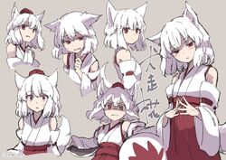  akizuki_maku animal_ears bare_shoulders blush breasts commentary_request expressions female grey_background inubashiri_momiji japanese_clothes leaf looking_at_viewer maple_leaf medium_breasts medium_hair multiple_views red_eyes shield simple_background tail touhou white_hair wolf_ears wolf_tail 